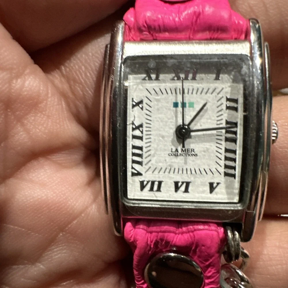 *Working* La Mer White Dial Rectangle Pink Faux Leather‎ Long Band Chain Watch